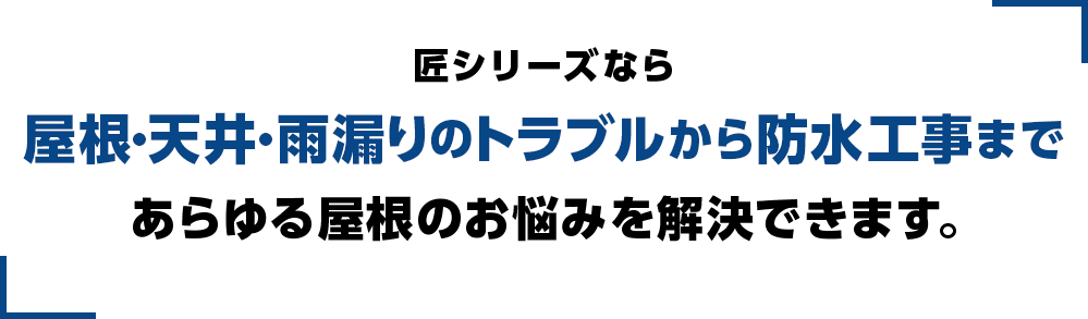 匠シリーズなら屋根・天井・雨漏りのトラブルから防水工事まであらゆる屋根のお悩みを解決できます。