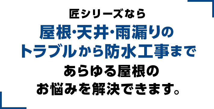 匠シリーズなら屋根・天井・雨漏りのトラブルから防水工事まであらゆる屋根のお悩みを解決できます。